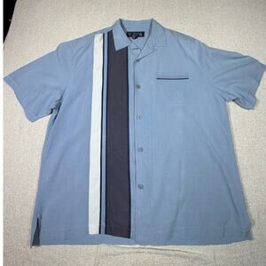 Nat Nast Men XL Blue 100% Silk Short Sleeve Button Front Camp Bowling Shirt